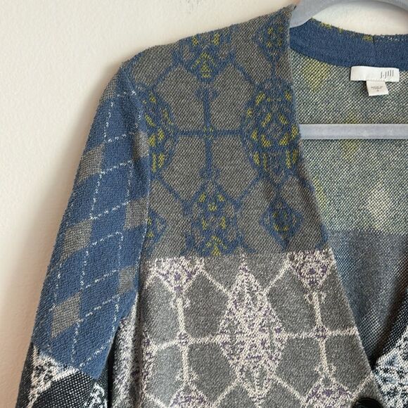 J. Jill Women Patchwork open cardigan duster argyle long sweater blue gray Small - Picture 4 of 11